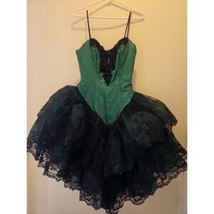 Vtg Loralie Black Green Lace Tutu Metallic Dress sequin party formal Prom Sz 8